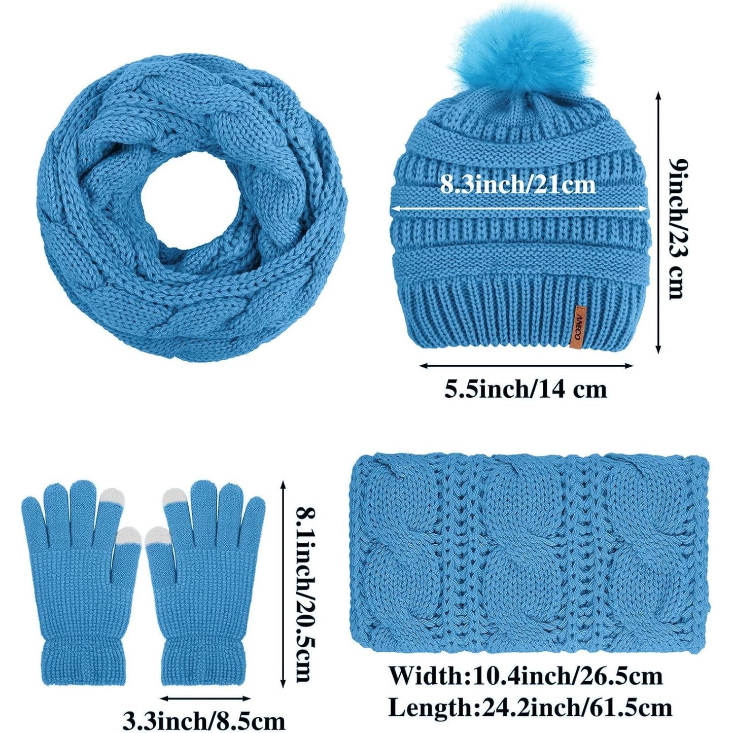 Womens Winter Warm Sets Knitted Fur Pompoms Beanie Hat Circle Loop Scarf Touch Screen Gloves Winter Favor Accessories