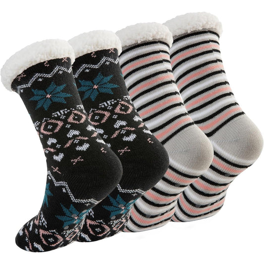 Sock Slippers for Women - 2 Pack Non Slip Socks - Fuzzy Socks Warm Socks with Grippers Sherpa Fleece Lined Thermal