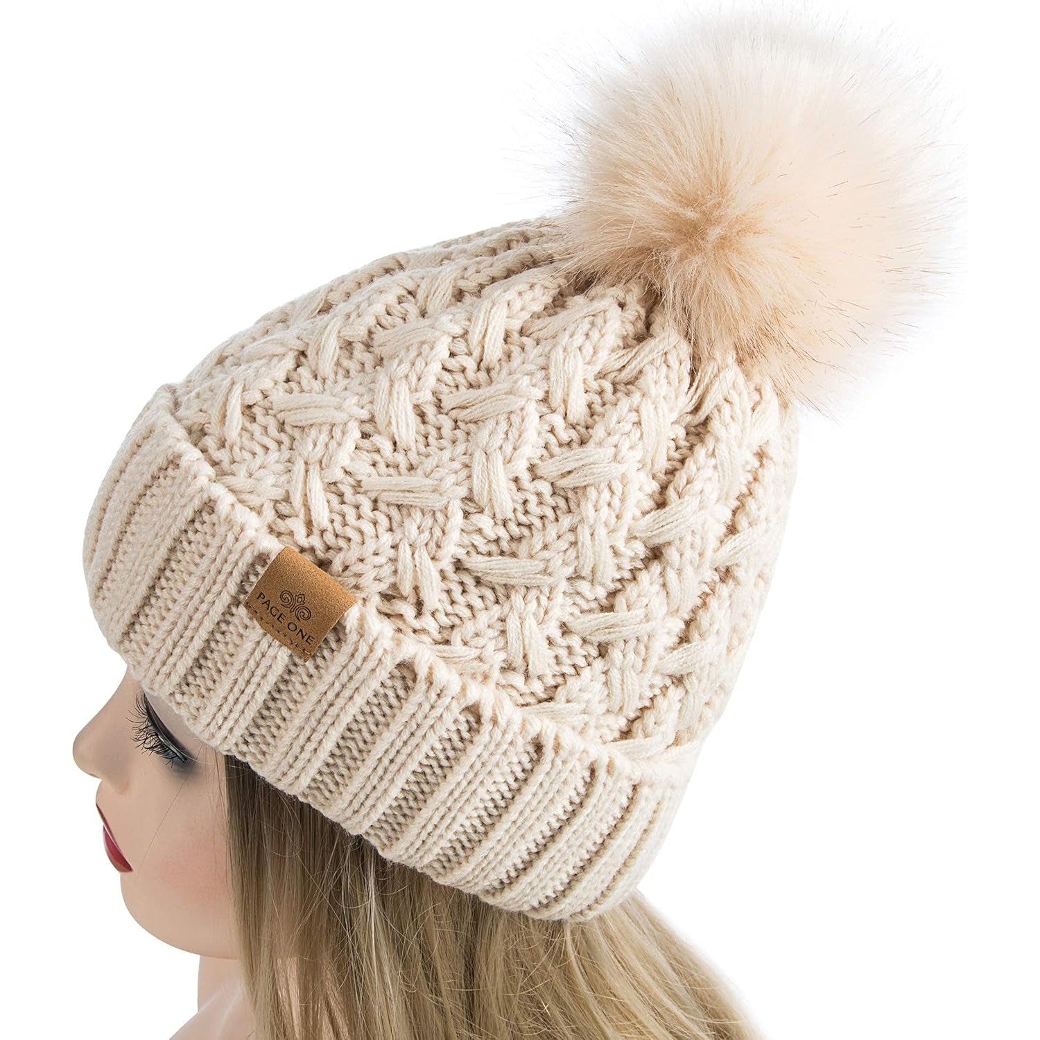 Womens Winter Ribbed Beanie Crossed Cap Chunky Cable Knit Pompom Soft Warm Hat